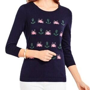 Talbots Seashore Embroidered Blue Sweater Embroidered Crab Rhinestone Anchor Med
